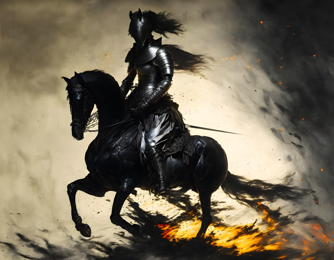 Knight in full armor riding charging horse amidst blazing inferno