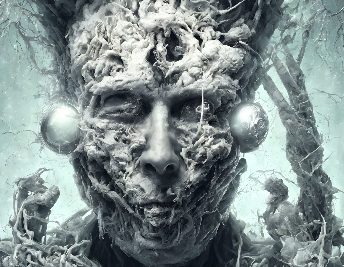 Surreal humanoid face with textured skin and tree-like structures in monochromatic blue