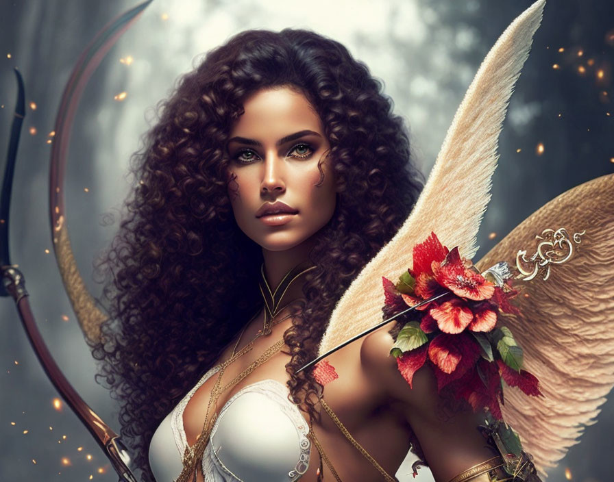 Fantasy digital art portrait of a female figure with angelic wings, curly hair, bow, and