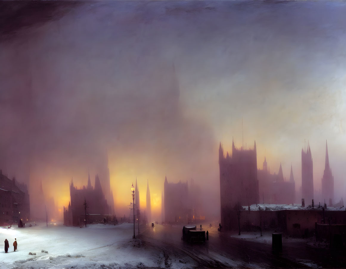 Misty Gothic cityscape at dusk with silhouettes in snowy scene