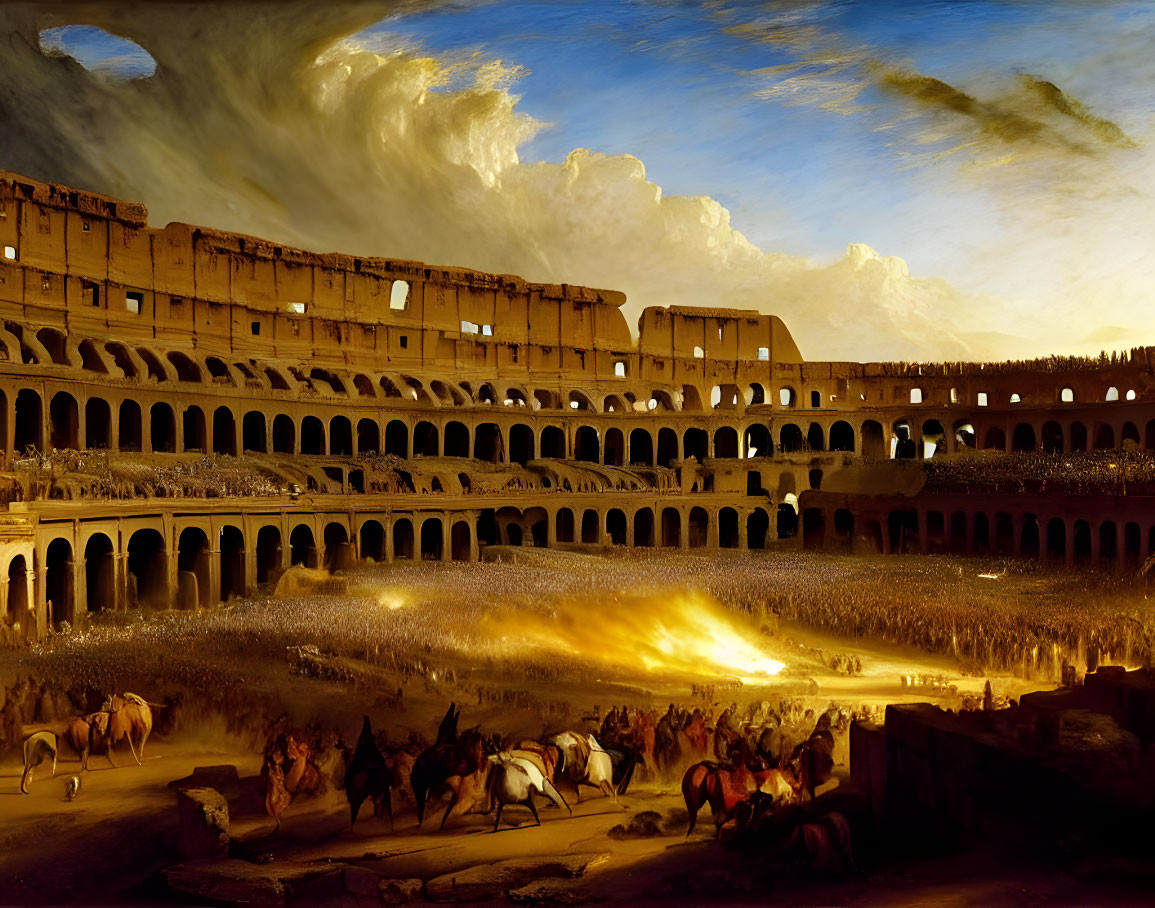 Ancient Roman Colosseum painting with chariot races and spectators