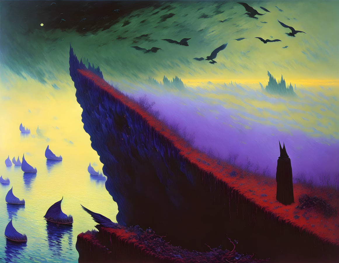 Fantastical painting of towering cliff, solitary figure, Viking ships, flying creatures, starry twilight