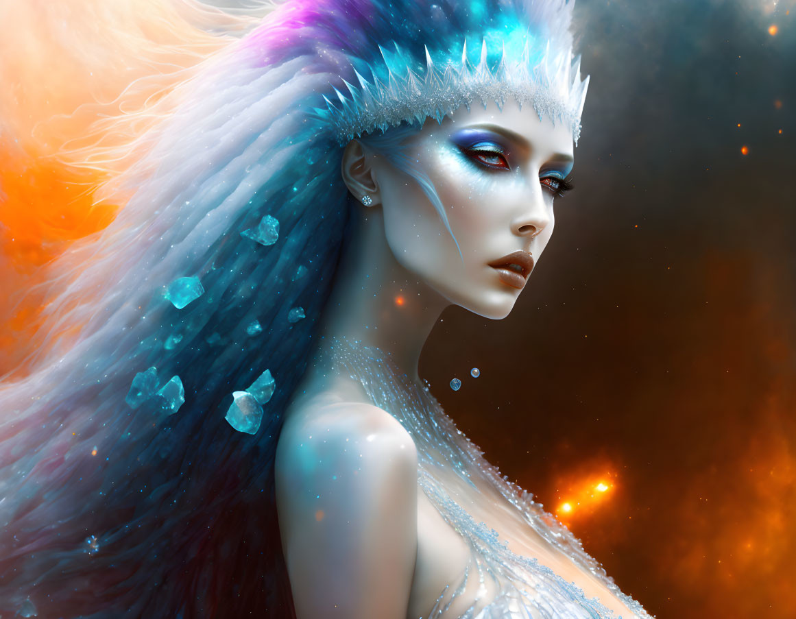 Fantasy portrait of woman with blue crystalline adornments on sparkling skin