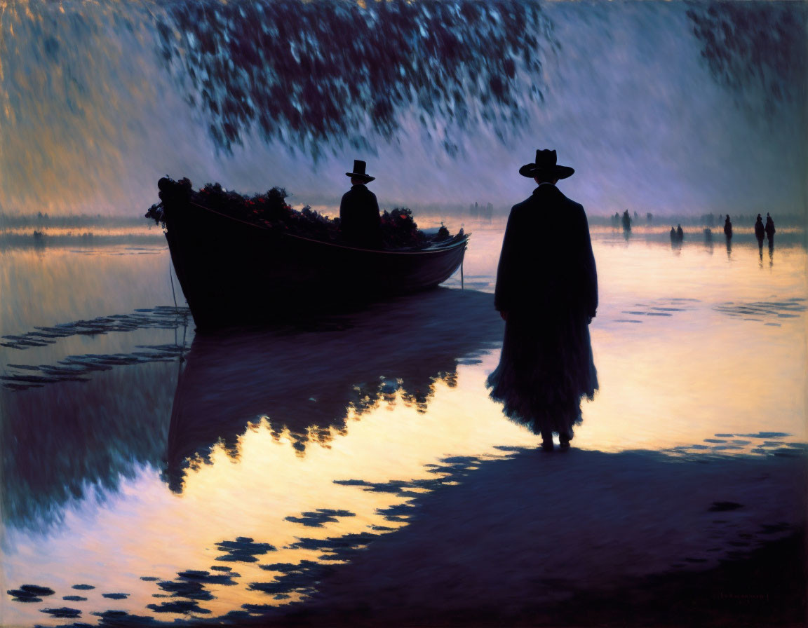 Twilight painting: serene scene with silhouetted figures by boat on reflective water