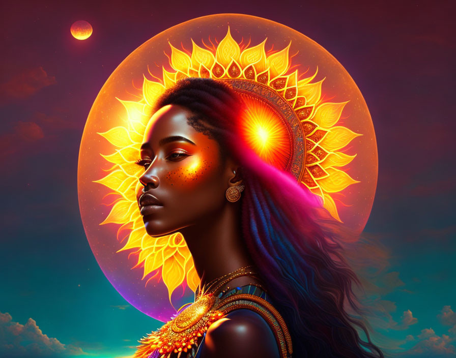 Vibrant portrait of a woman with sun-like halo in cosmic setting