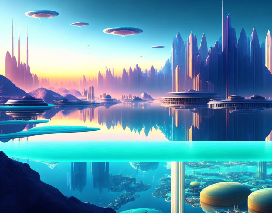 Futuristic city skyline with flying saucers in pink and blue sky