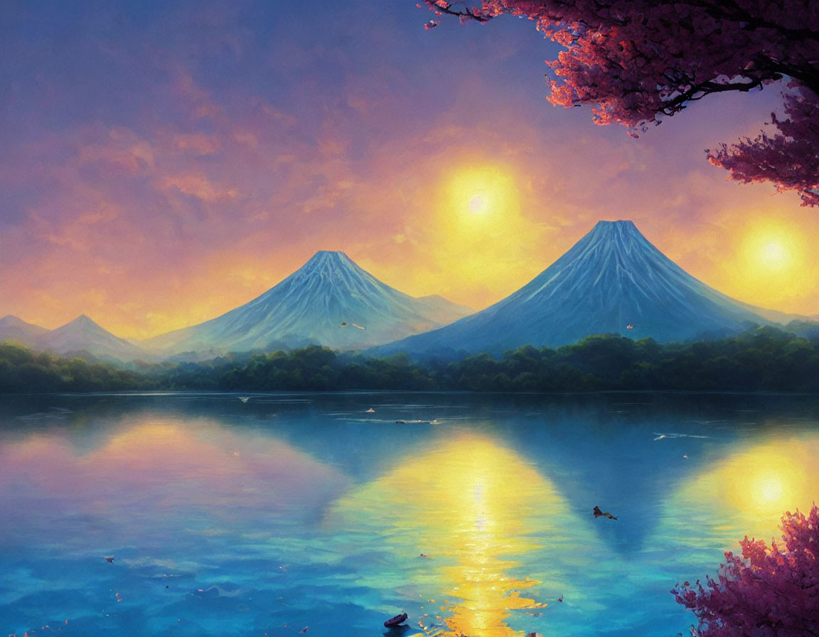 Tranquil sunset scene with twin mountains, cherry blossoms, lake reflection.