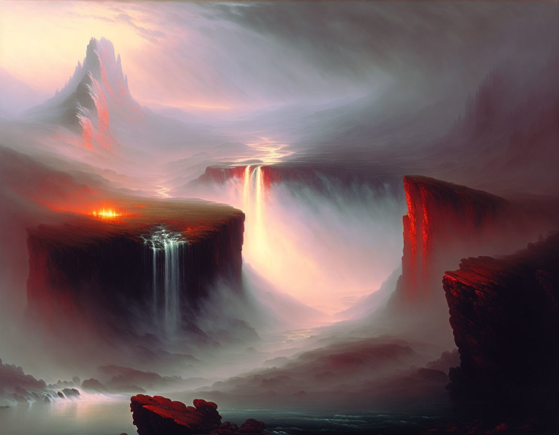 Ethereal landscape with lava waterfalls, misty atmosphere & glowing crevice