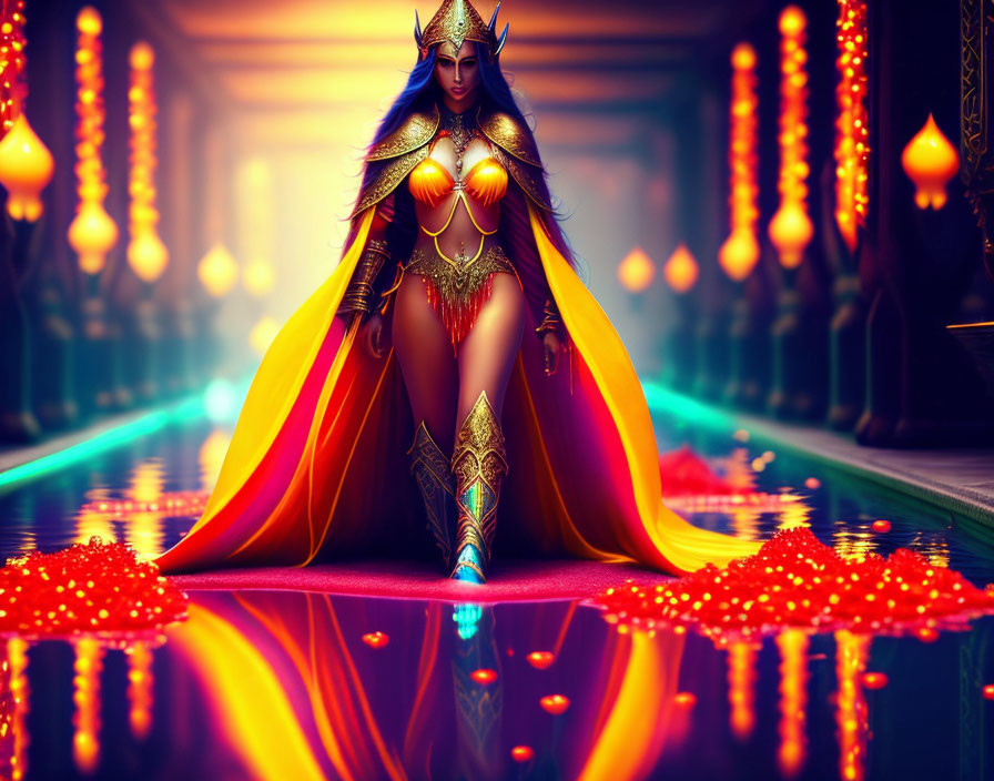 Illustrated queen in golden armor with cape in palace corridor surrounded by red petals and water