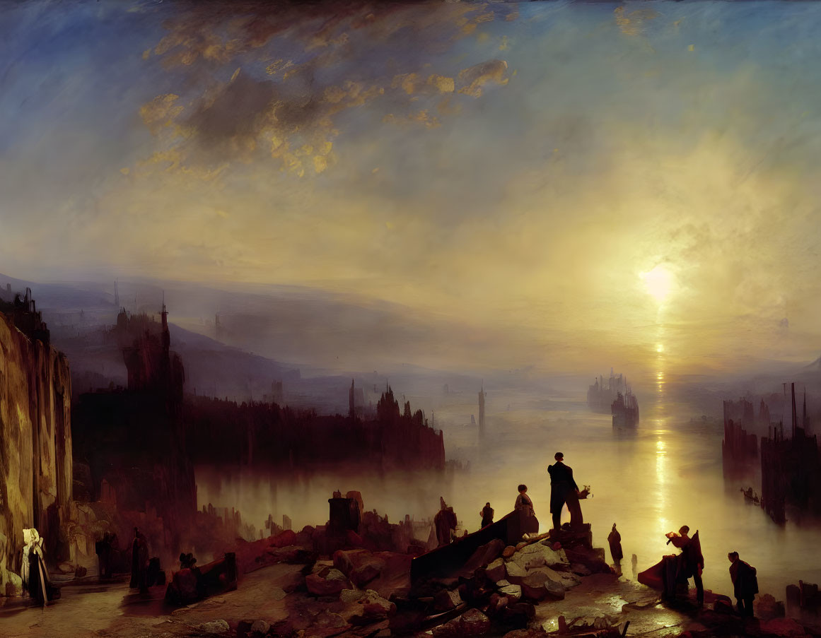 Vibrant sunset painting of a bustling harbor with silhouetted figures and ships