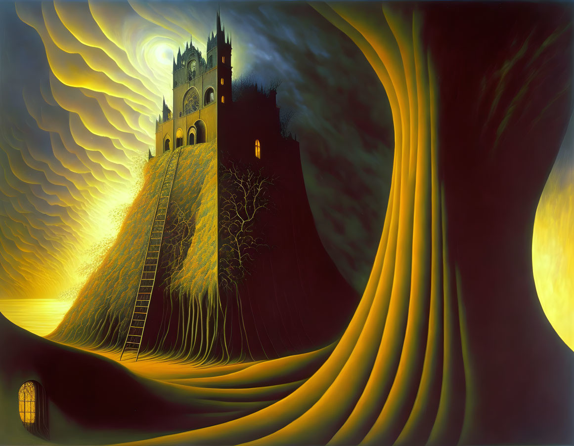 Surreal painting of gothic castle, swirling sky, and stylized tree