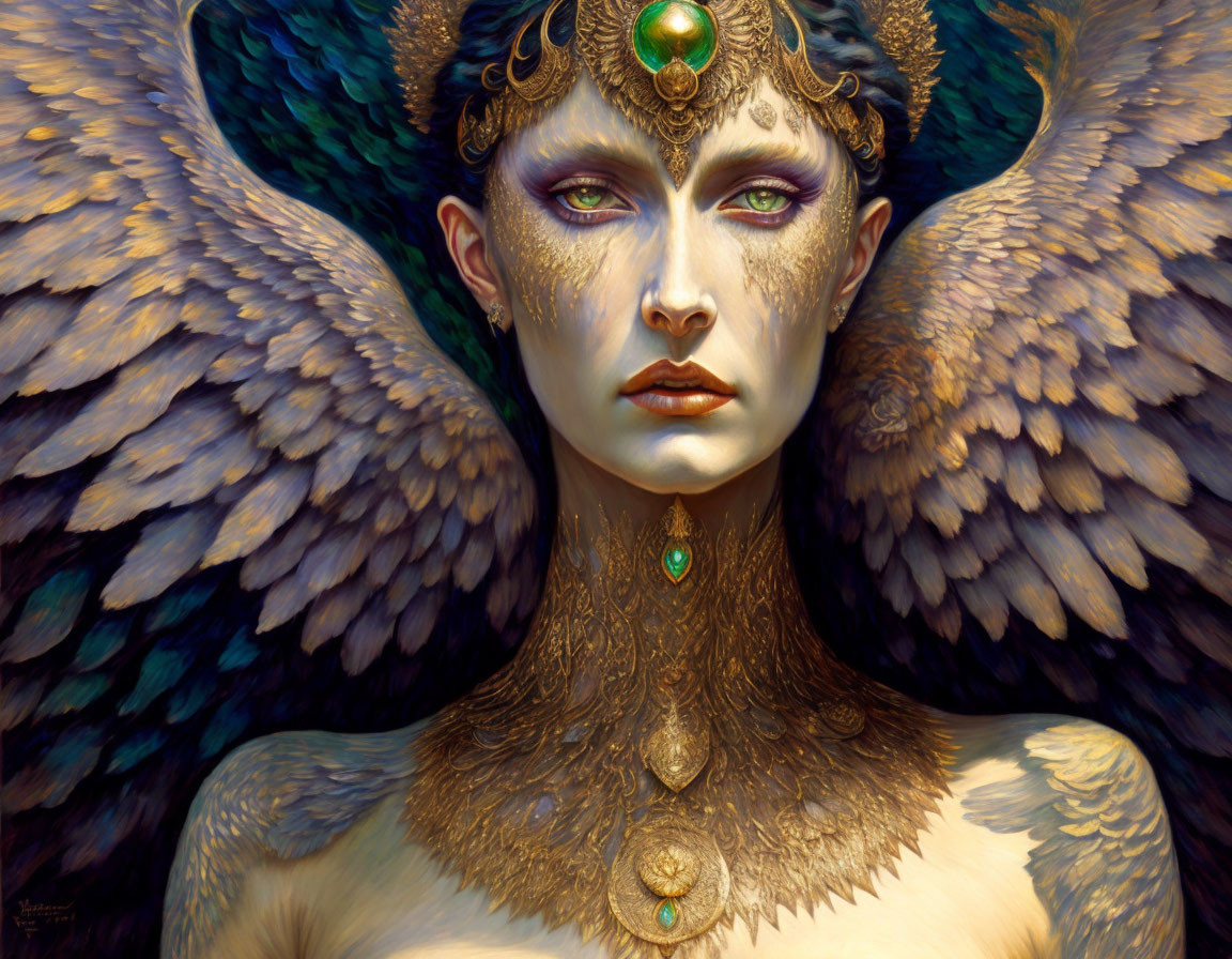 Colorful humanoid figure with golden wings and ornate headdress