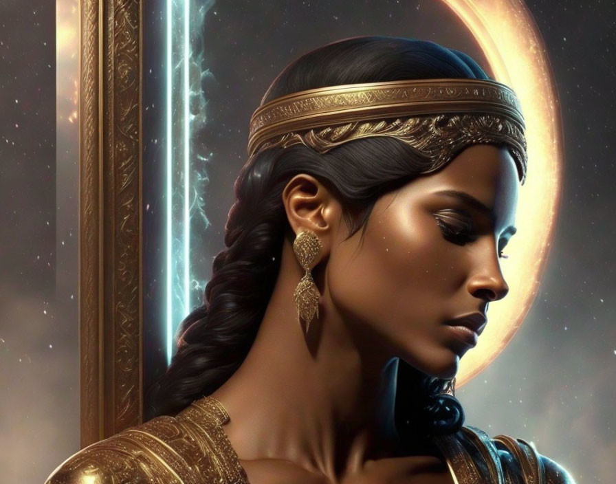 Woman with Braided Hairstyle and Golden Jewelry in Cosmic Setting