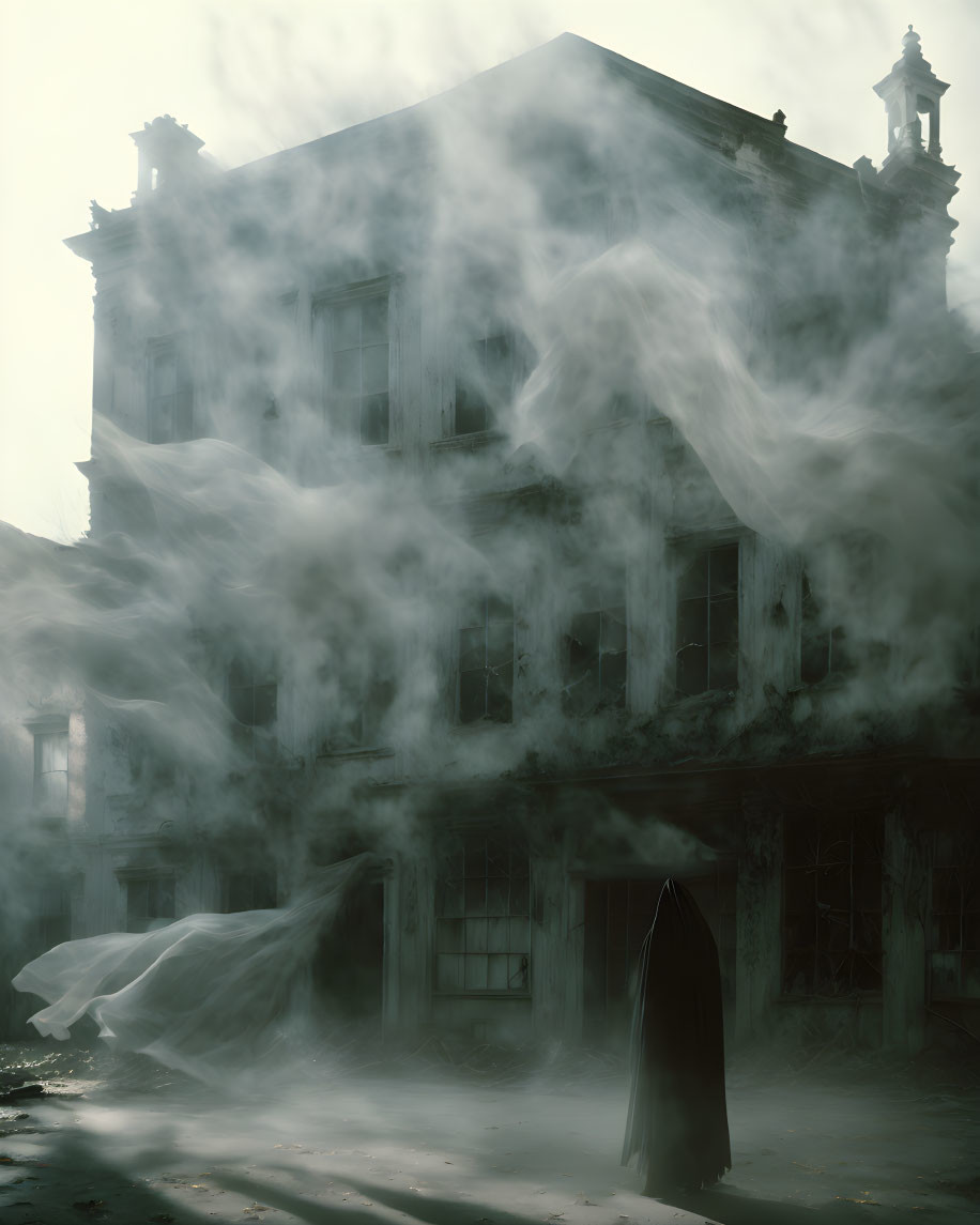 Cloaked Figure in Misty Setting with Decrepit Building