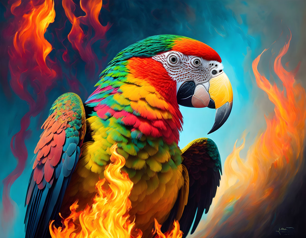 Colorful Parrot Illustration Against Flames Background