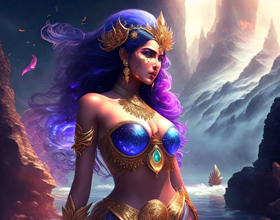 Illustrated mystical woman with purple hair and gold jewelry in fantasy landscape