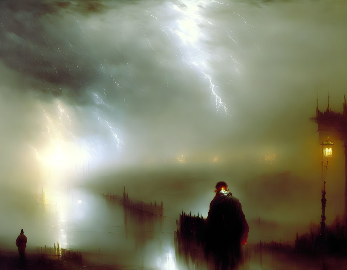 Moody atmospheric scene with solitary figure under lightning-streaked sky by foggy, lamp-lit