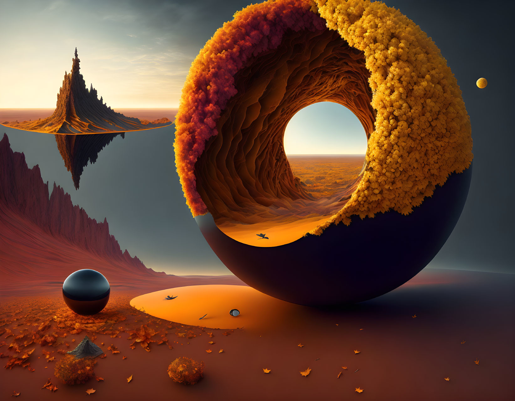 Surreal landscape with textured sphere, floating islands, peak, smaller spheres, and birds in orange