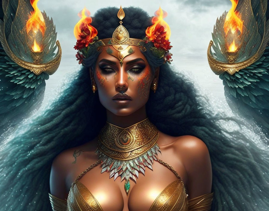 Intricate golden jewelry on fierce woman with flaming crown and blue winged creatures.