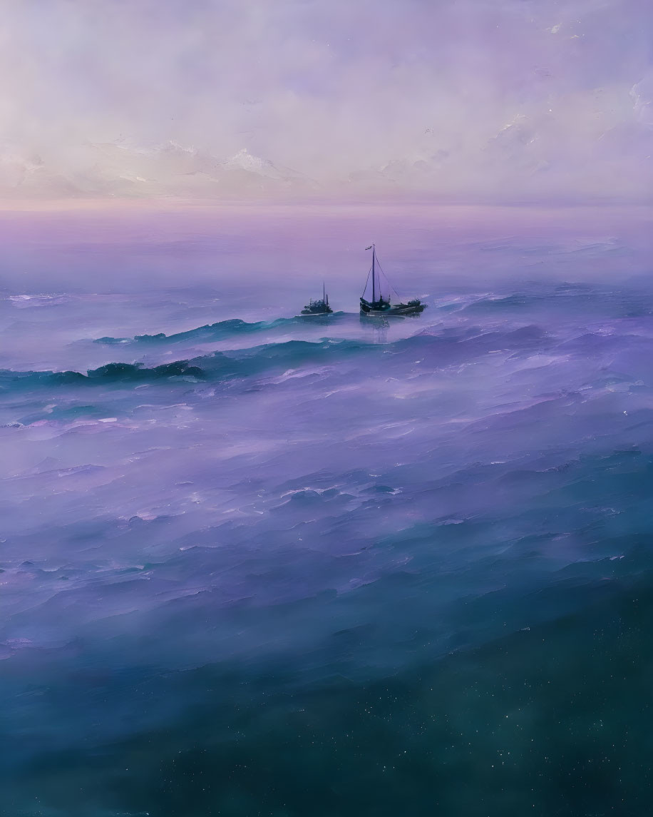 Sailboats on tranquil purple sea at dusk or dawn