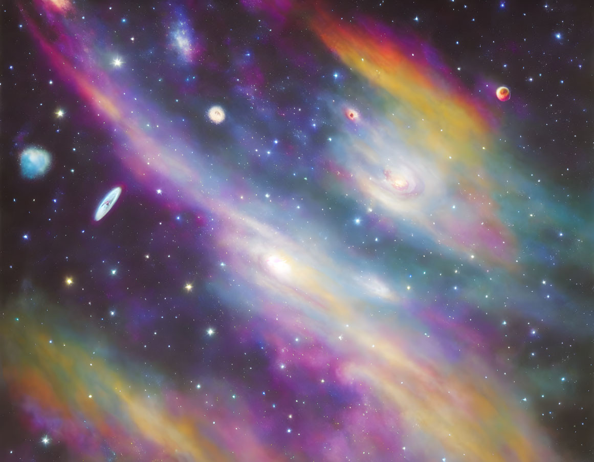 Colorful Nebulae and Galaxies in Cosmic Scene