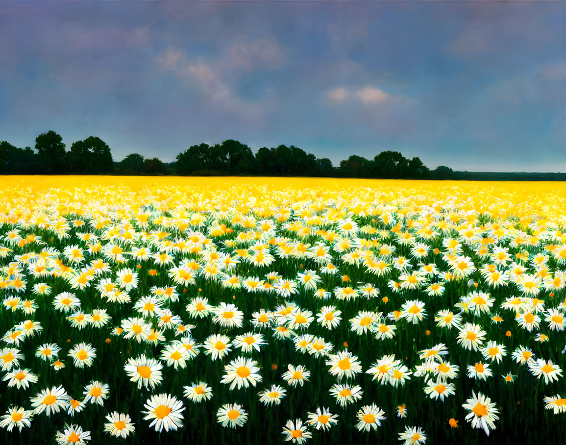 Blooming daisies in a vibrant dusk field