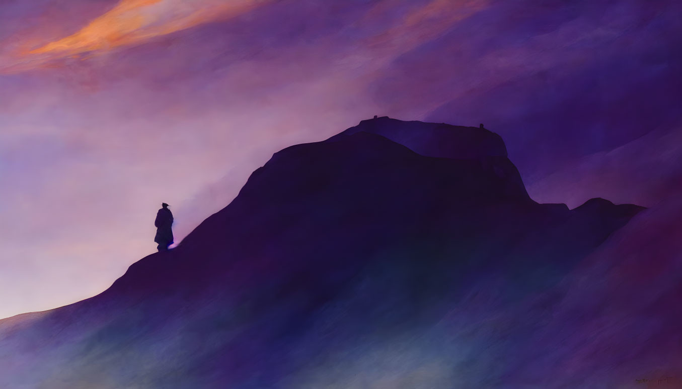 Solitary Figure on Hill under Colorful Sunrise or Sunset Sky