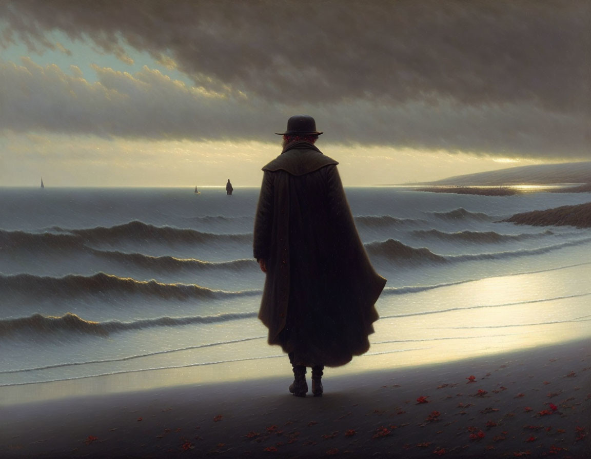 Solitary figure in long coat and hat on beach at dusk with dramatic sky.