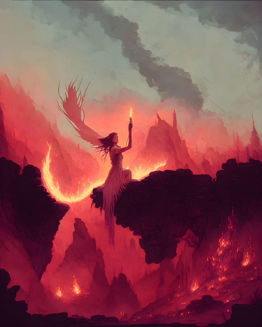 Winged mythical figure in volcanic landscape with glowing staff