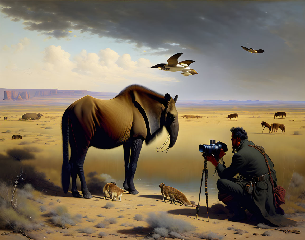 Man in traditional clothing captures surreal desert scene with horse-like creature and wildlife.