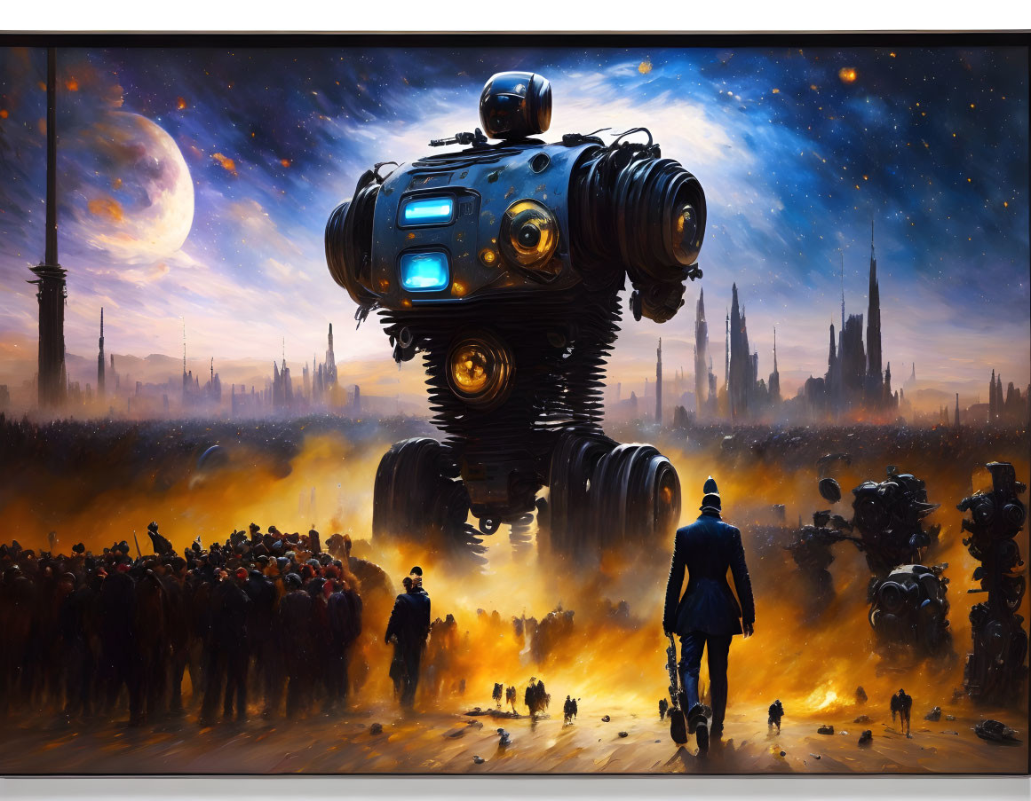 Giant robot overlooks dystopian scene with figure and crowd under starlit sky