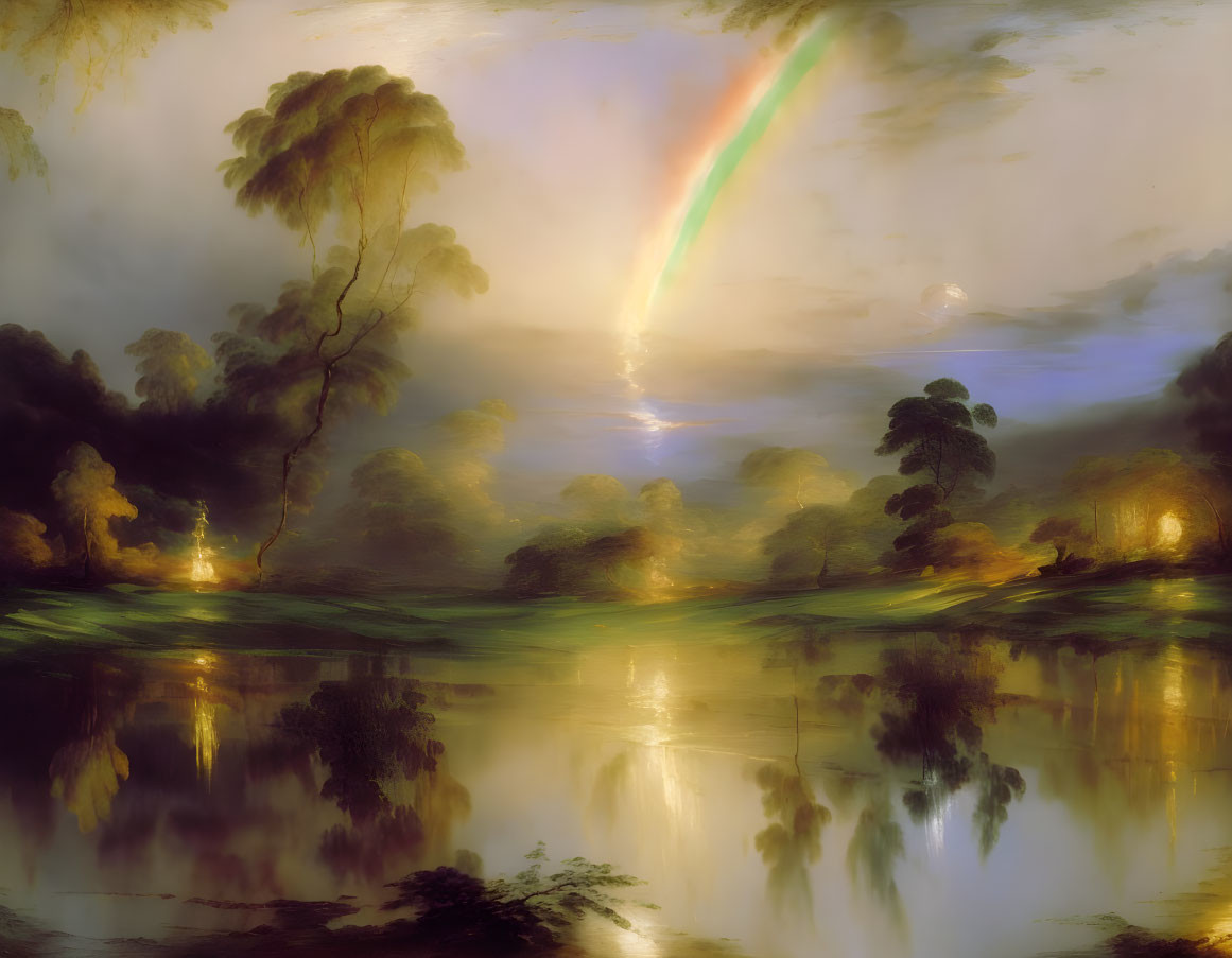 Tranquil landscape with vibrant rainbow over calm water