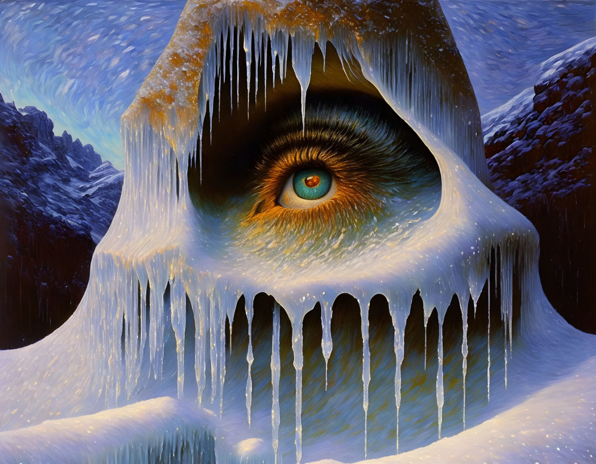 Surreal painting: Giant eye in snowy mountain landscape