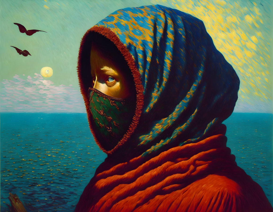 Person in Red and Blue Hooded Cloak Contemplating Sea and Sky