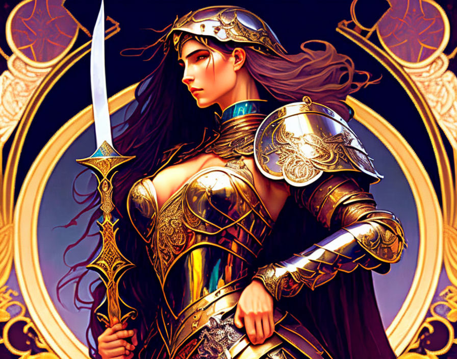 Female warrior in golden armor with sword on circular motif background