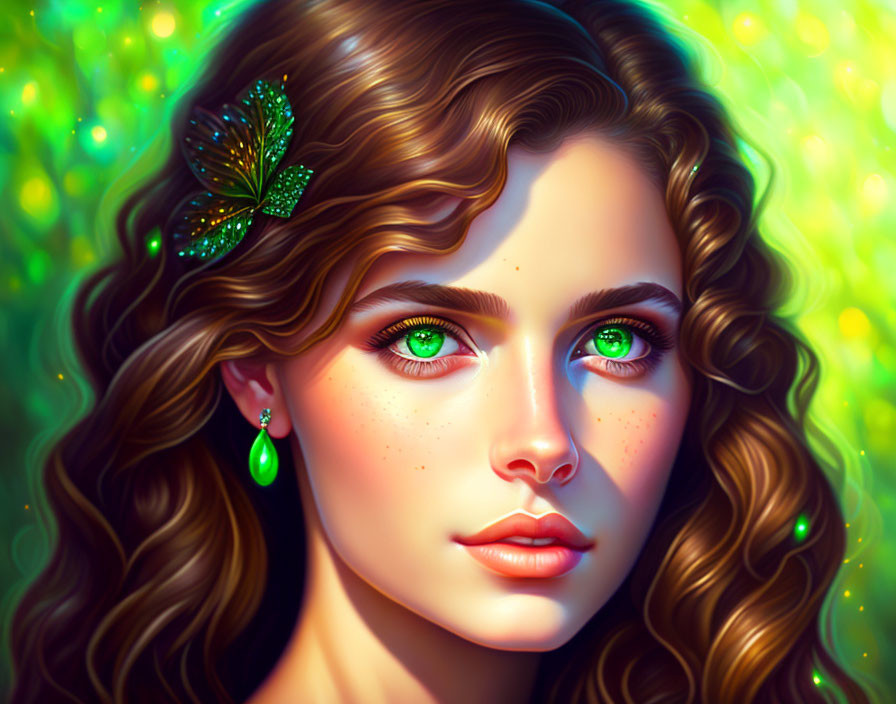 Portrait of a woman with green eyes and wavy hair, adorned with a butterfly hairpin, on