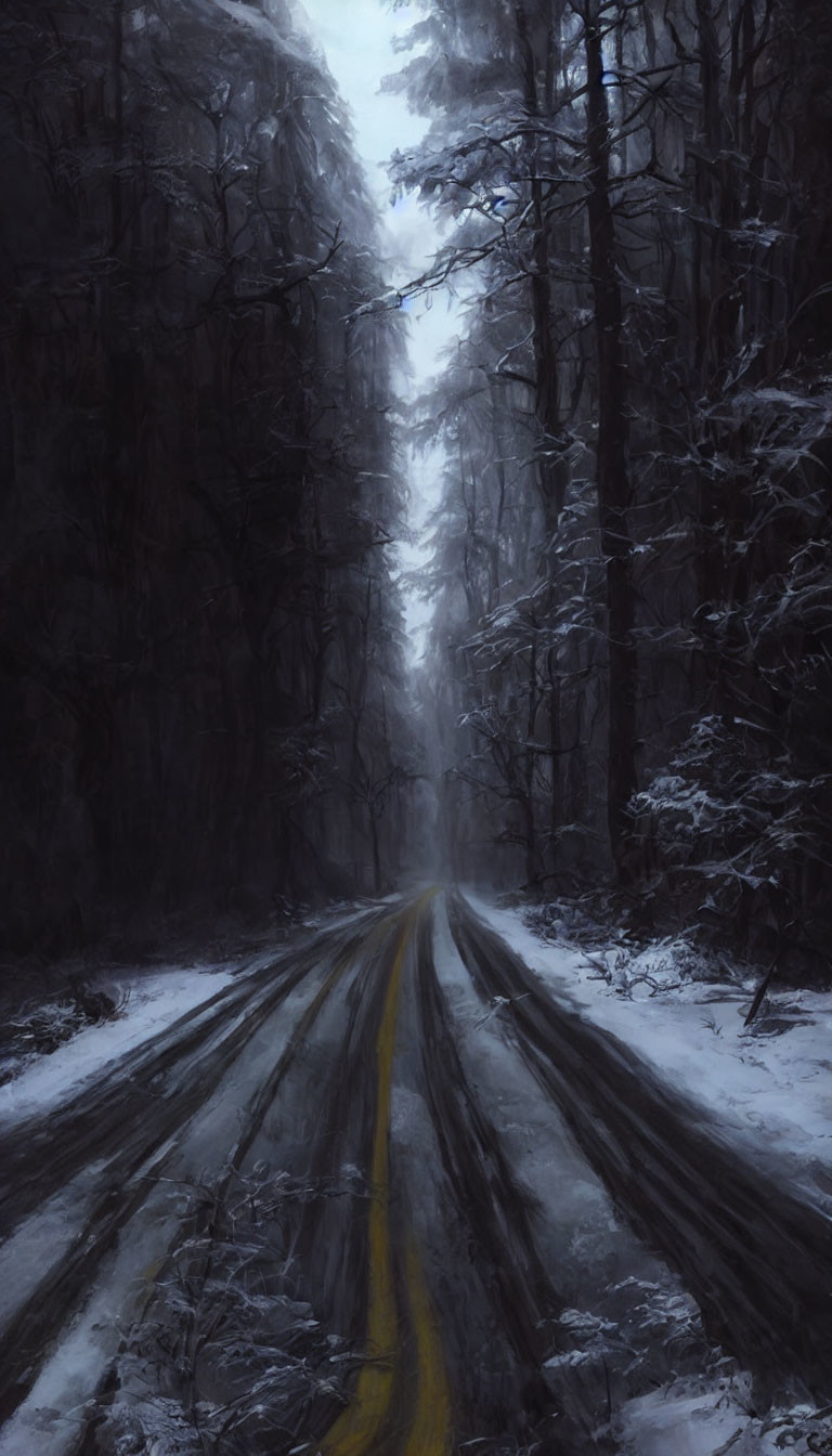 Snow-covered road flanked by dark trees under gray sky