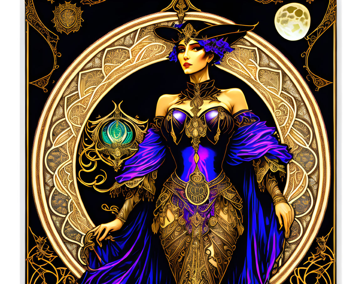 Fantasy-themed woman in gold-accented costume against moonlit backdrop