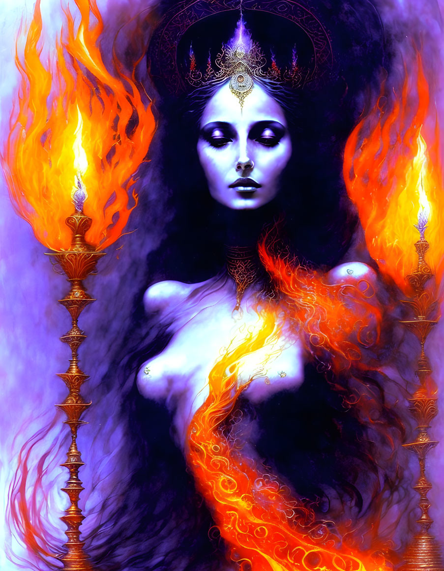 Elaborate headdress and flames on mystical woman against purple backdrop