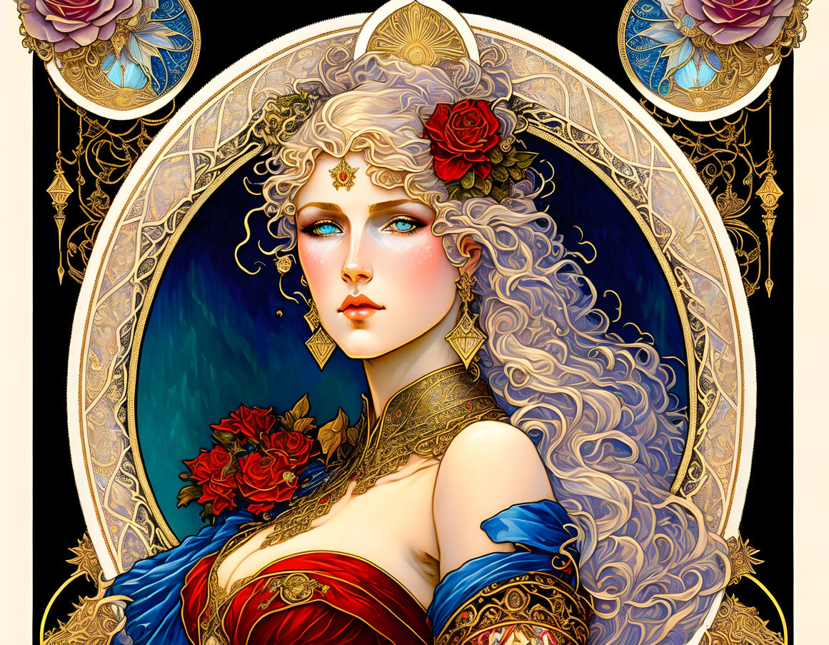 Illustrated woman with blue eyes in ornate golden circle and roses.