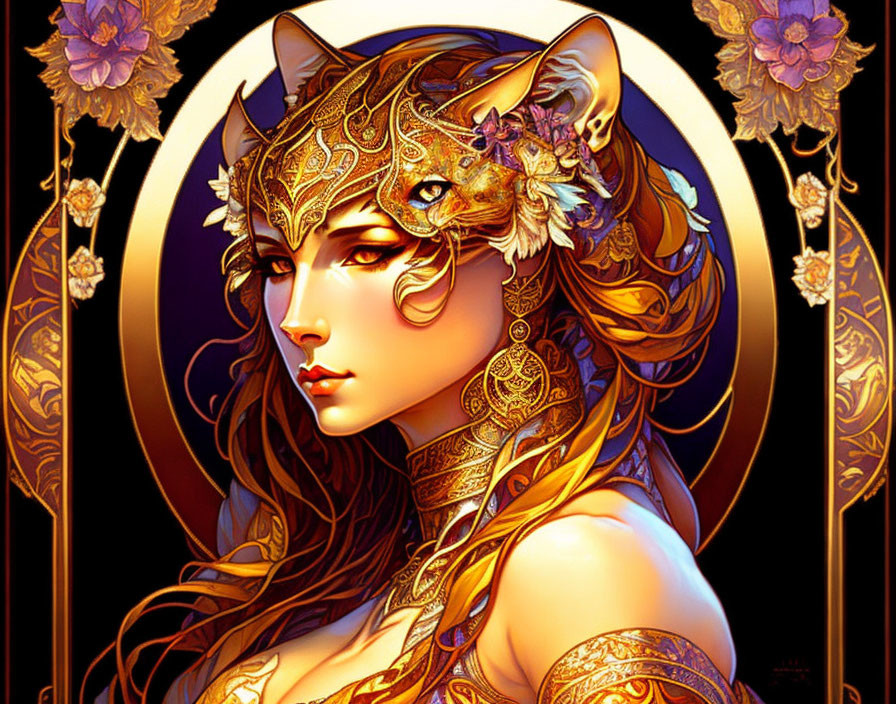 Illustrated woman with feline features in golden jewelry and headdress, framed by halo and flowers.