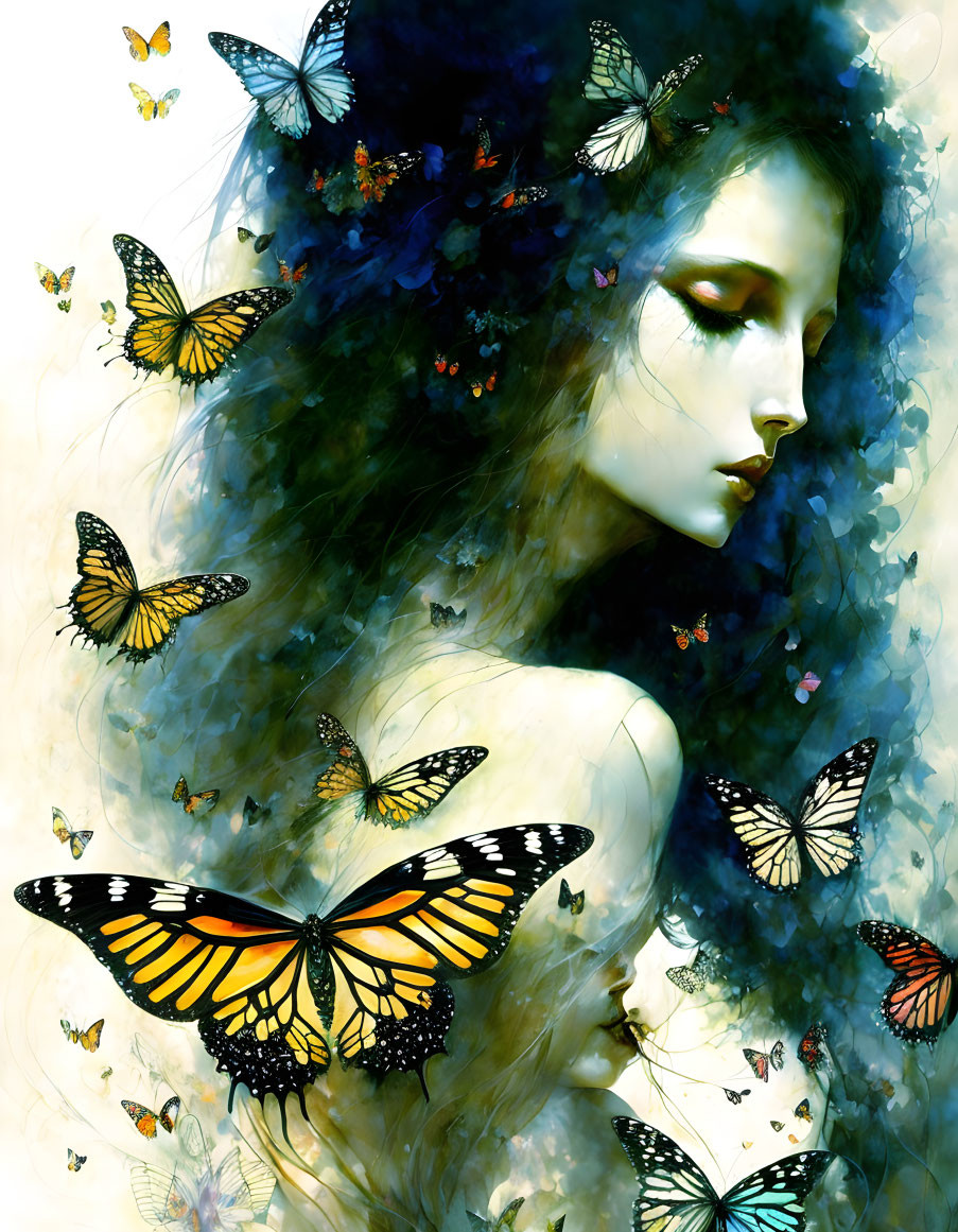 Portrait of woman with dark hair and butterflies in colorful swarm against vivid abstract background