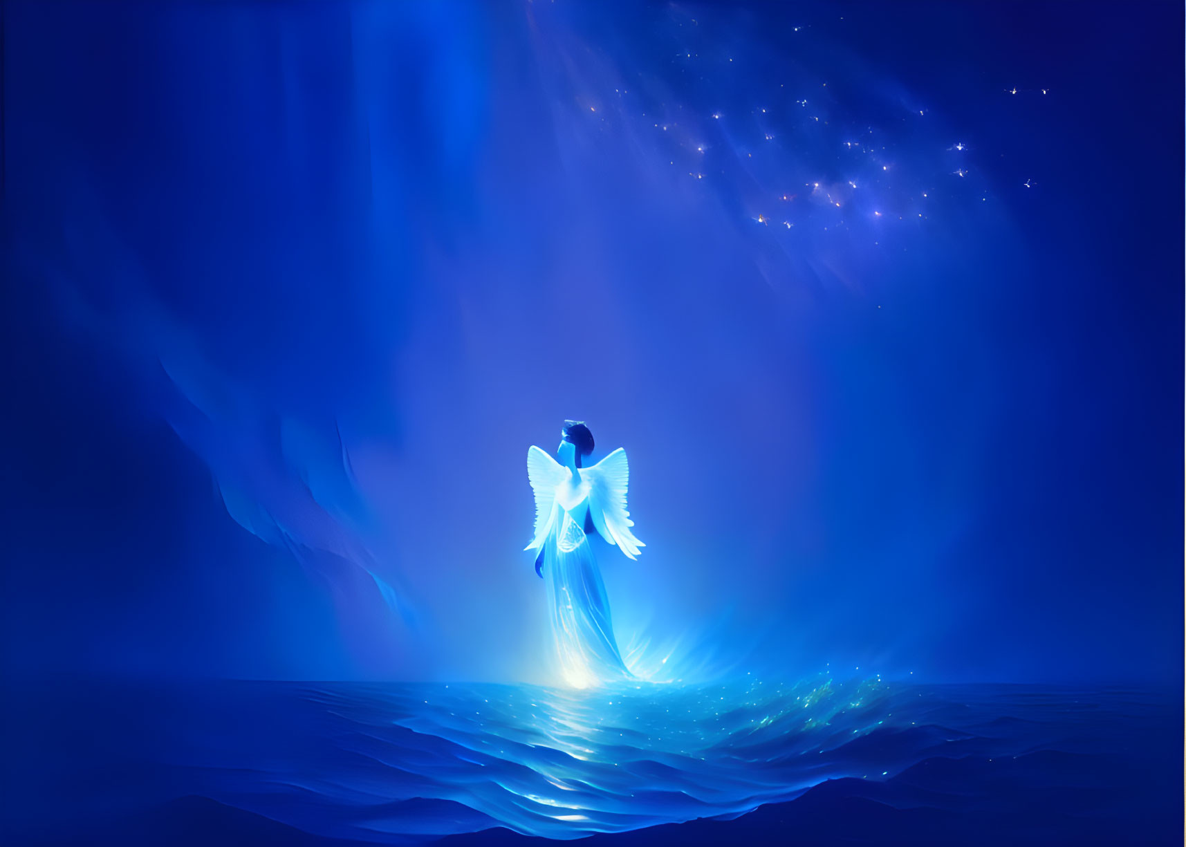 Ethereal winged figure standing on water in celestial setting