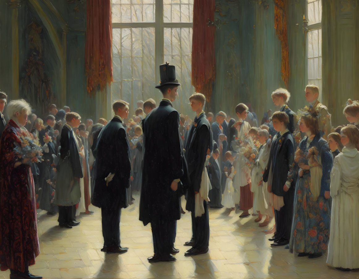 Solemn Gathering in Elegant Period Attire