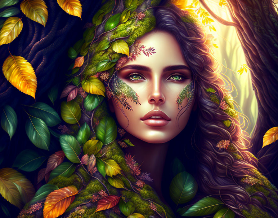 Digital Illustration: Woman with Nature-Inspired Makeup and Forest Theme