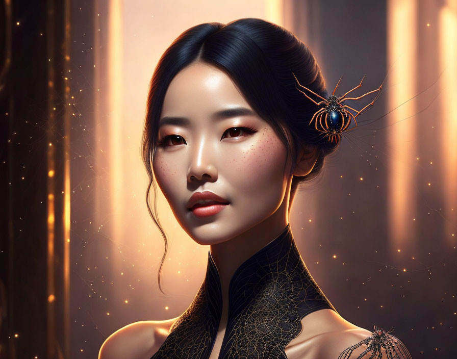 Digital portrait of woman with spider-themed accessory in hair and golden background