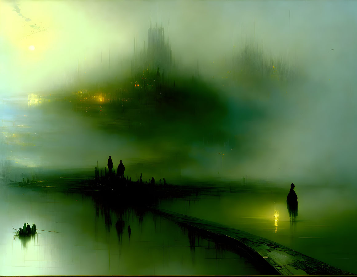 Ethereal landscape with silhouetted figures, misty walkway, boat, and dim