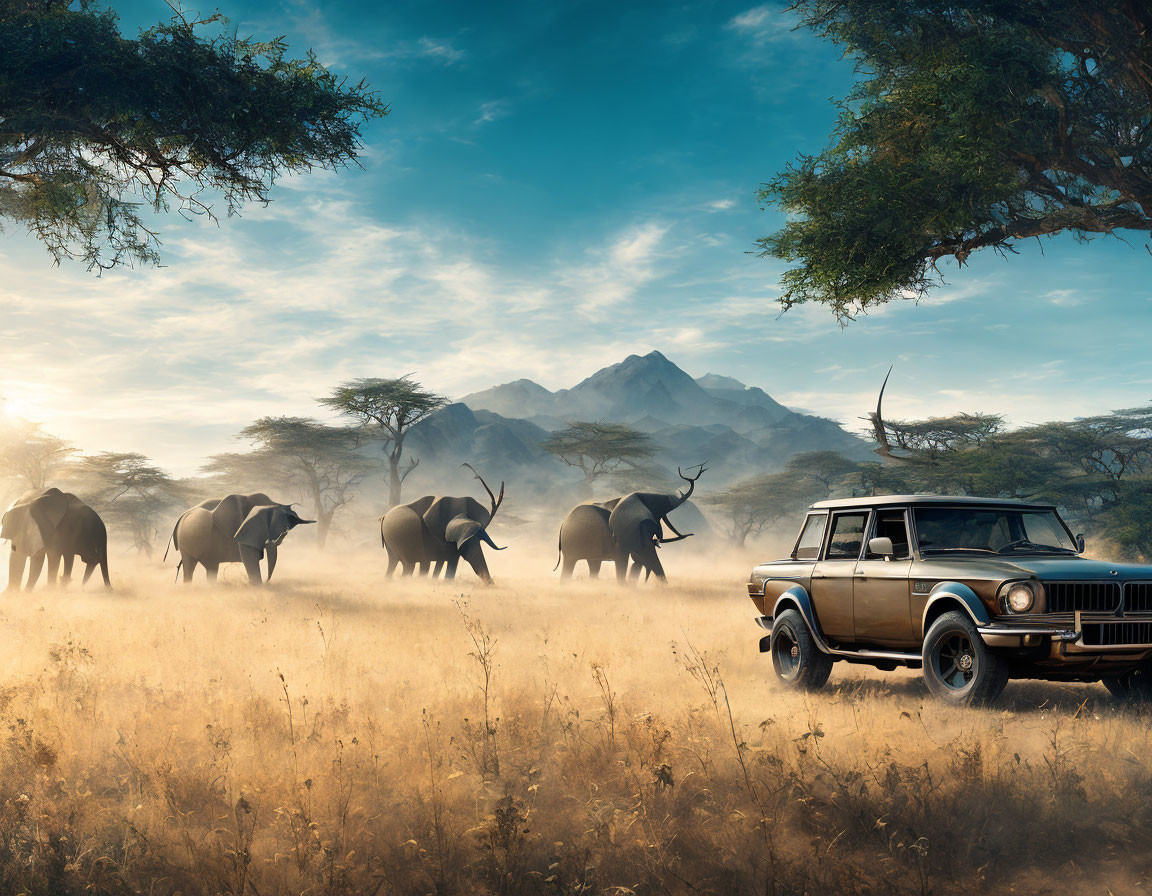 Vintage SUV parked on savanna with elephants, acacias, mountains