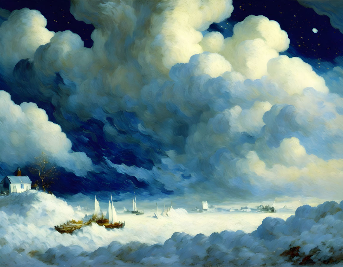 Night scene with starry sky, clouds, house, and boats on tranquil sea