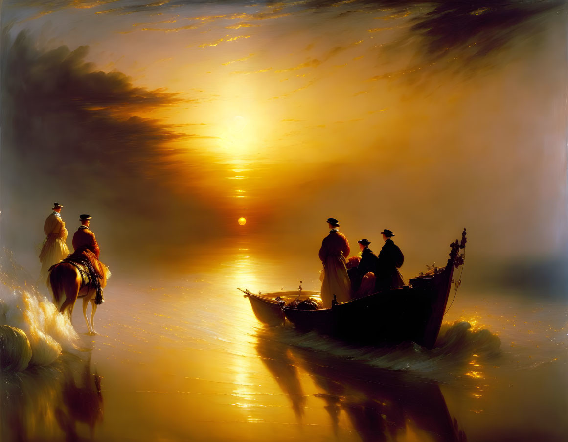 People on boat and horseback under golden sunset.